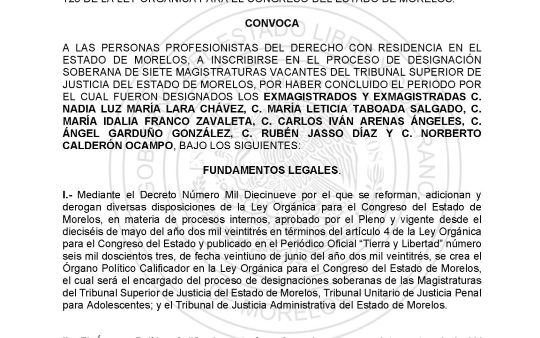 Convocatoria/OPC/001/TSJ/2023, para el proceso de designación de Siete Magistraturas vacantes del Tribunal Superior de Justicia (TSJ) del Estado de Morelos